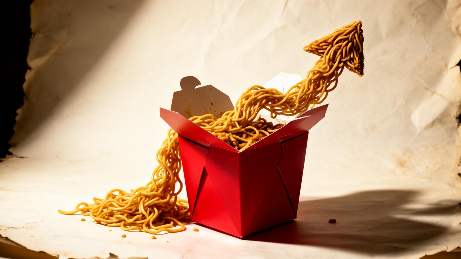 A red Chinese takeout box with golden noodles forming a growth arrow